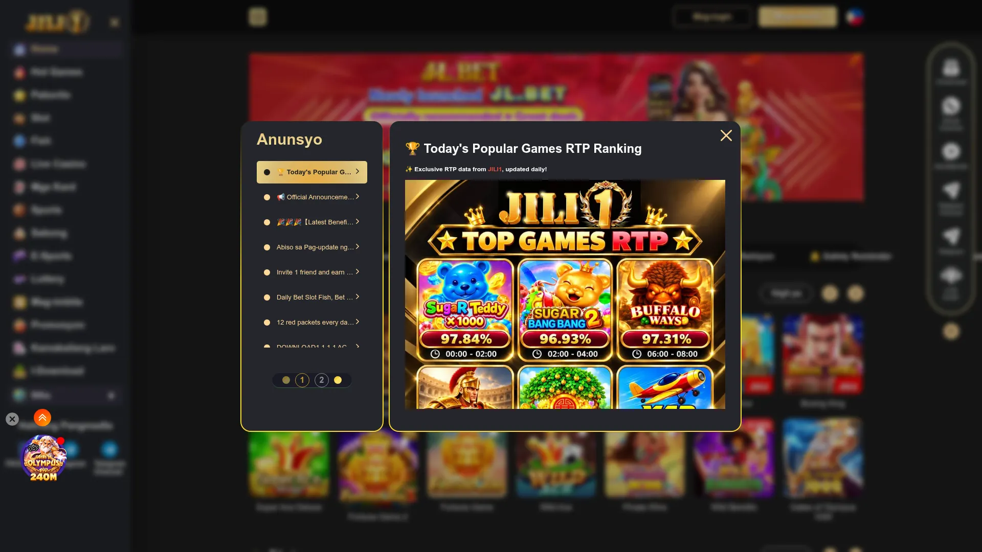 Jili Casino desktop casino interface with games and account features